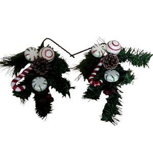 🎄🍬 2 Christmas Garland Sprigs Faux Pine Fir 🍬Peppermint Candy Ornament Picks